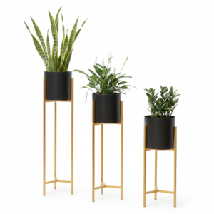 Set Includes: 3 black cylindrical metal pots and 3 gold-finished tripod metal stands